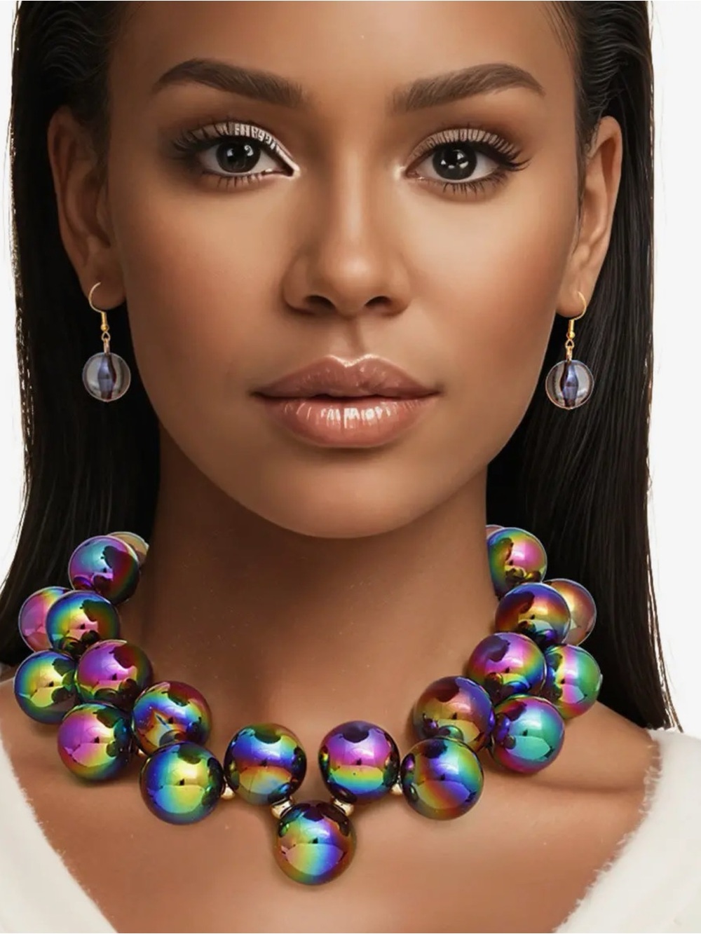 Nique Iridescent Bubble Necklace and Earrings in Purple, Blue, Green, Gold